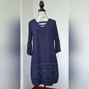 crown & ivy Navy Midi Dress with Bell Sleeves and Hem Detail